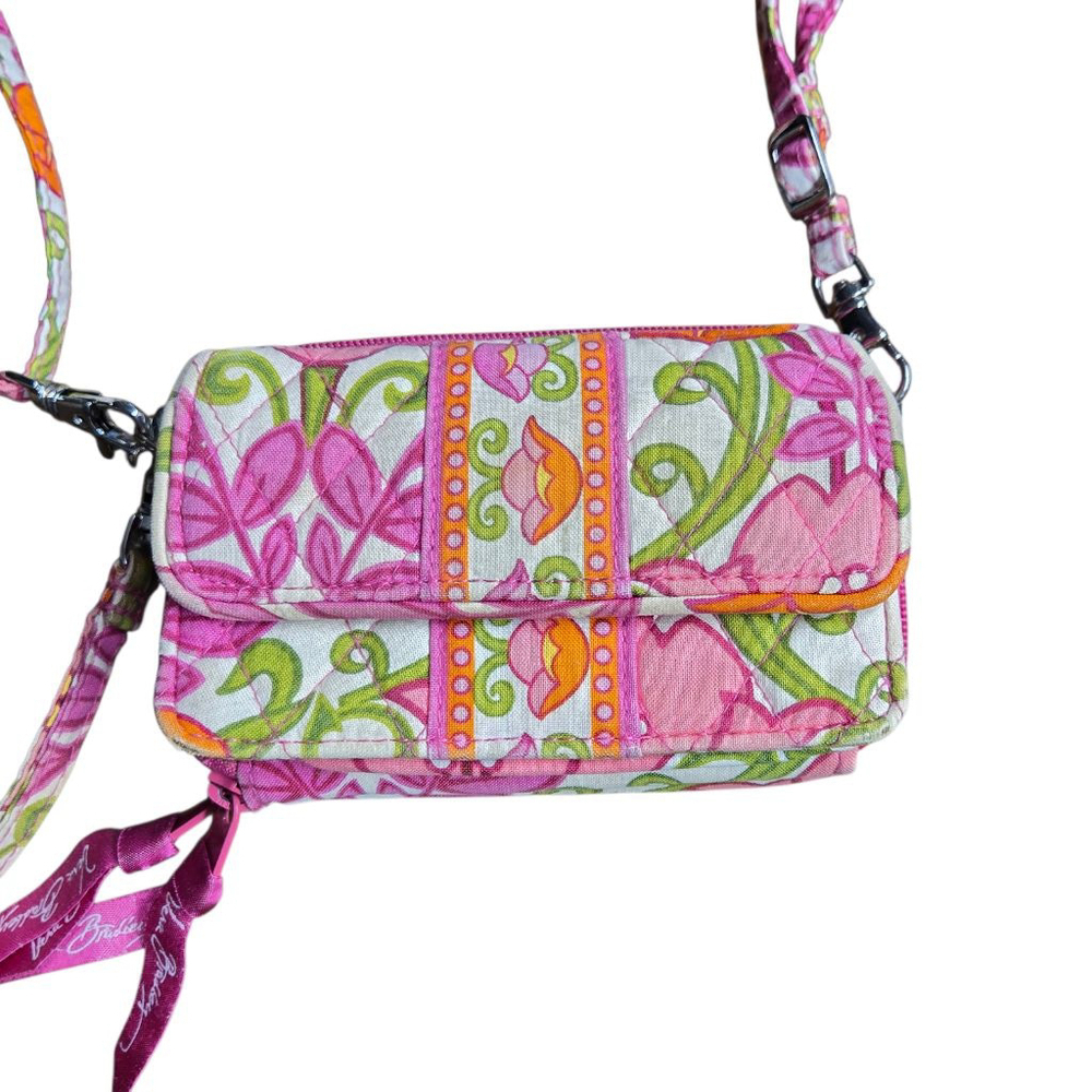 Retired Vera Bradley All in One Crossbody Bag Floral Quilted Wallet Pink Green